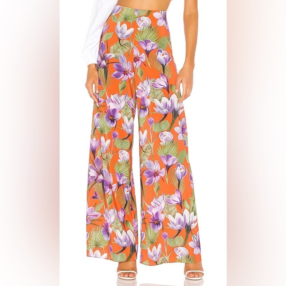 ALICE + OLIVIA Athena Floral-Print High-Rise Wide-Leg Pants Vacation Orange XS